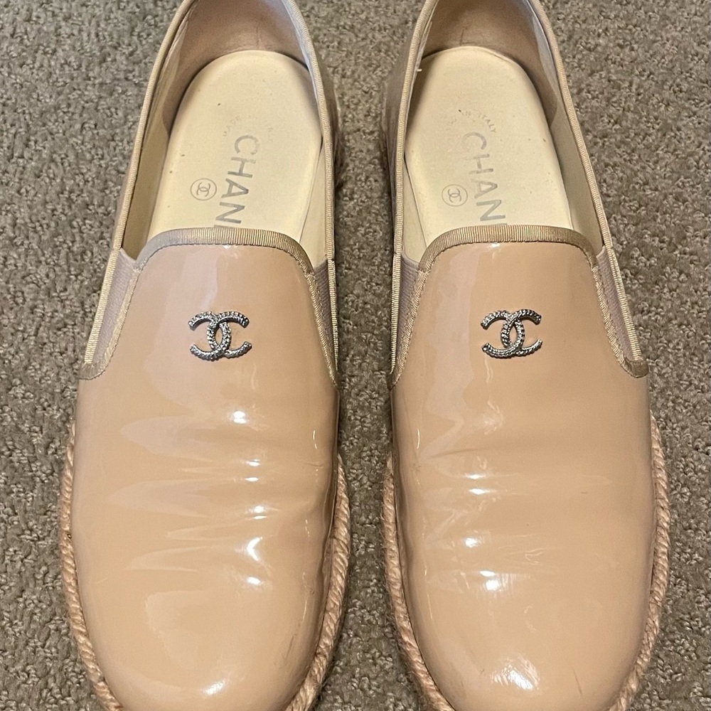 Chanel Beige Patent Leather Espadrilles